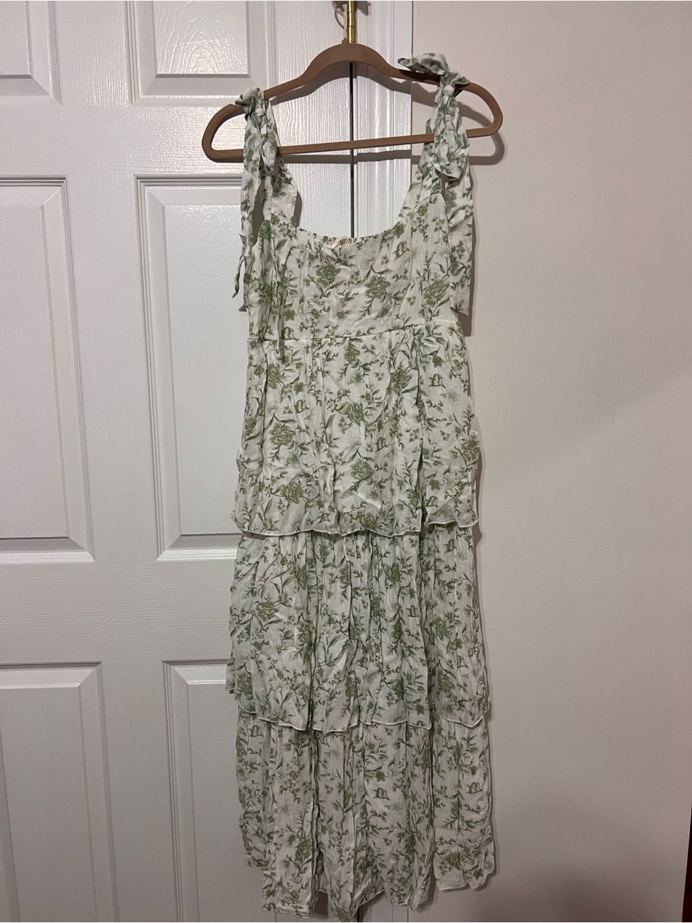 mine White Dress with Green Floral Print and Tie Straps